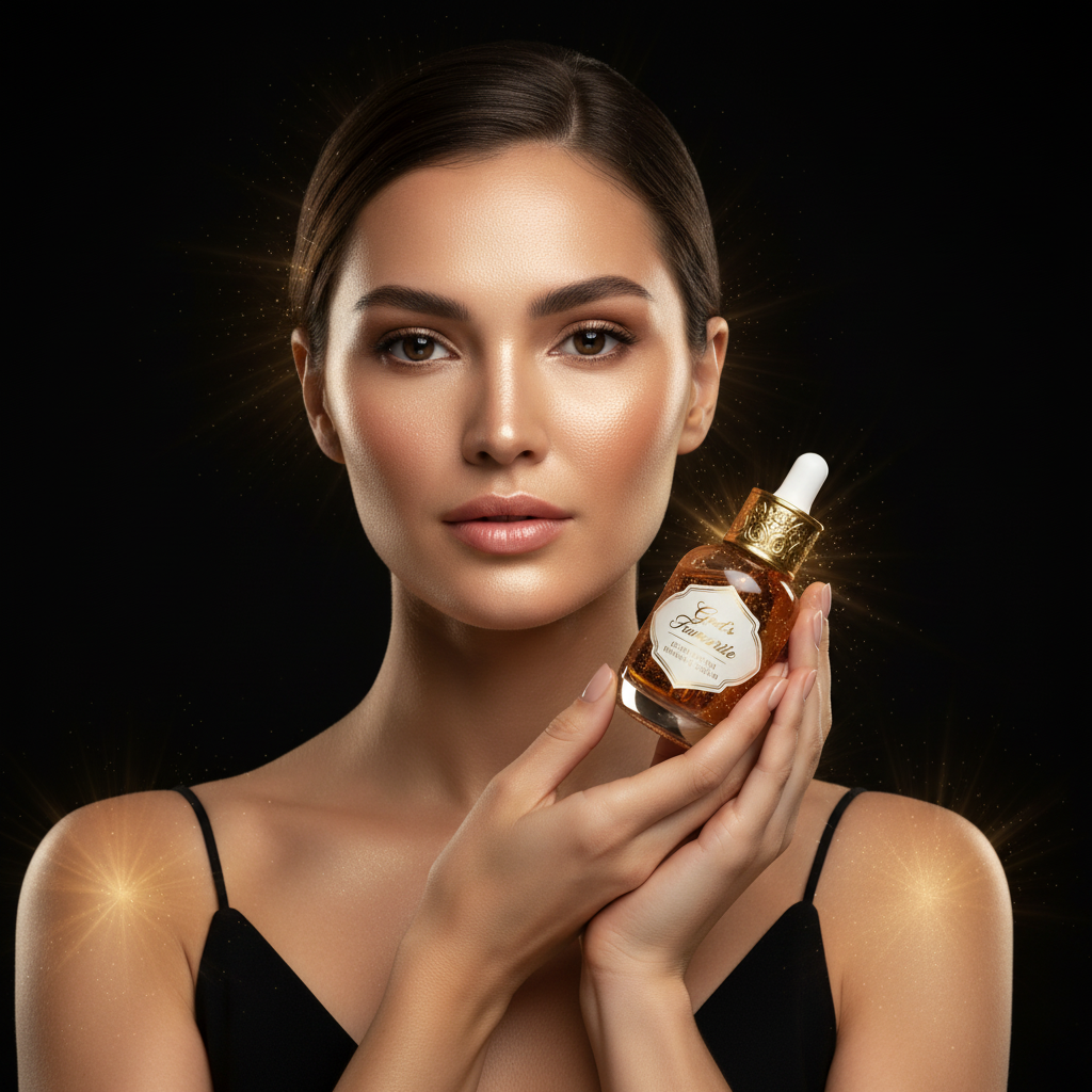 Model holding God's Favourite Glow Vitamin C Serum