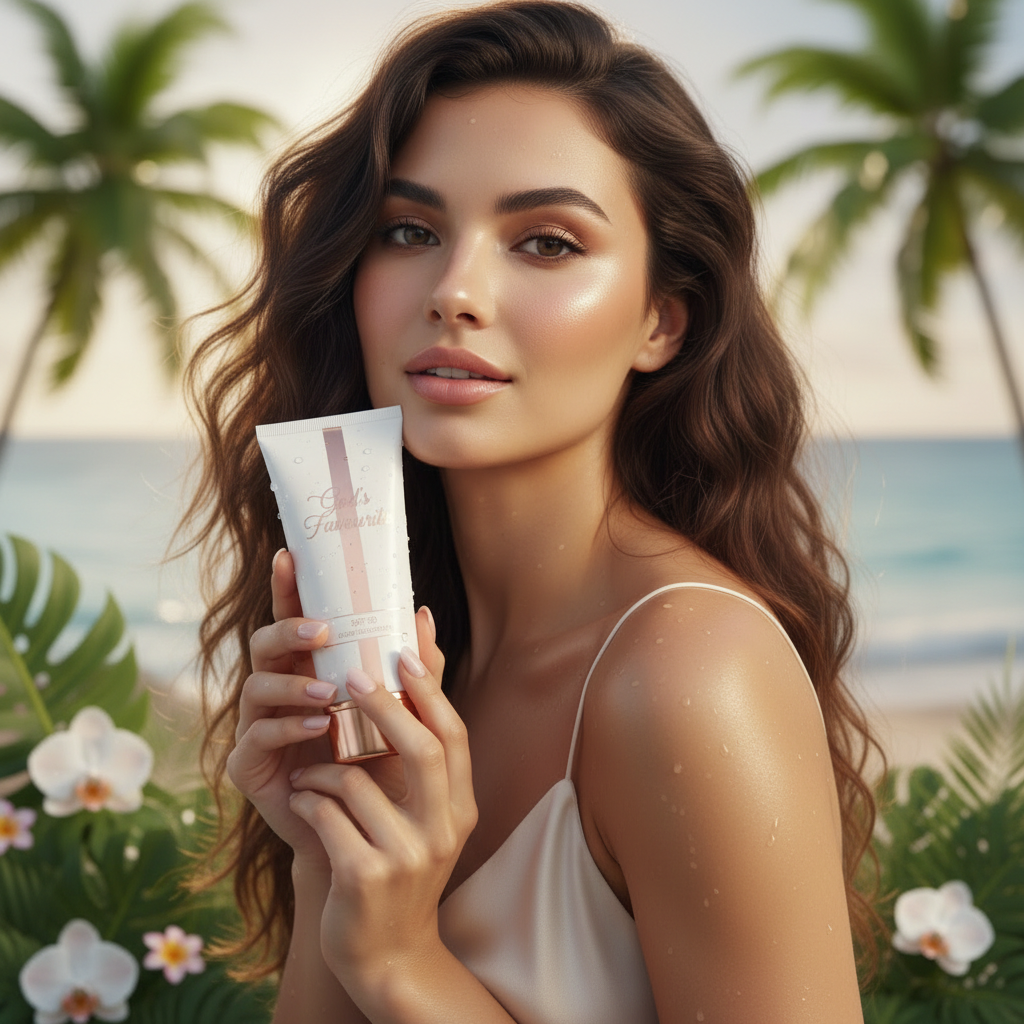 Model holding God's Favourite Glow SPF 50 Sunscreen