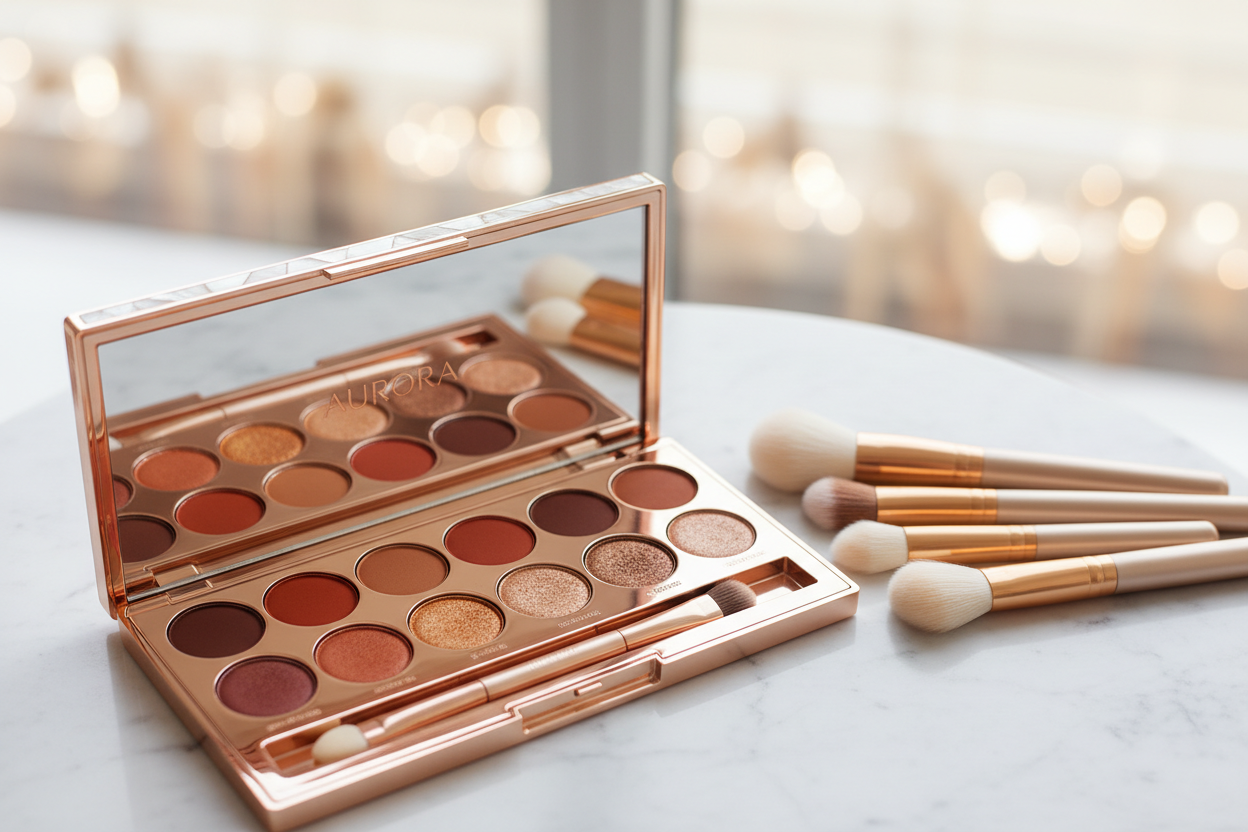 Elegant eyeshadow palette with warm earth tones and shimmer shades on a vanity table