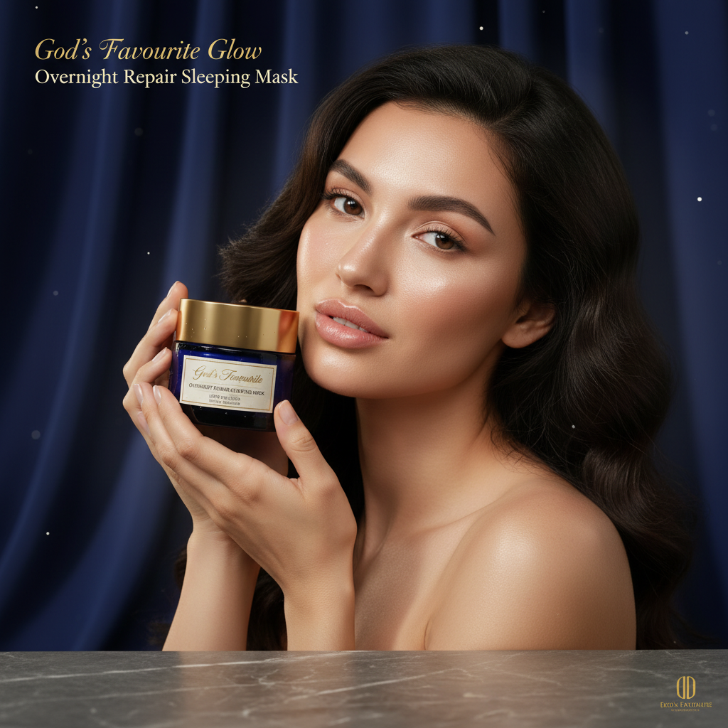 Model holding God's Favourite Glow Overnight Repair Sleeping Mask