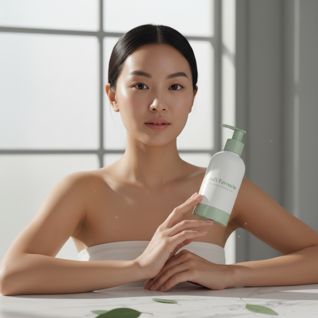 Model holding God's Favourite Glow Gentle Foaming Cleanser